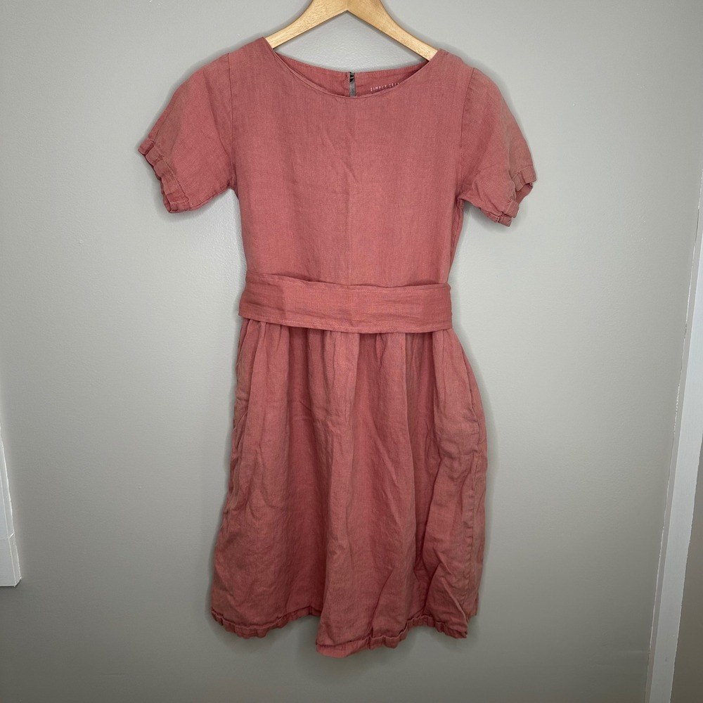 Simply Grey XS Coral Linen Dress Short Sleeve Belted Pockets‎ Casual